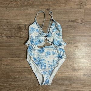 Blue & White One-Piece Swimsuit with Ruffle Accents